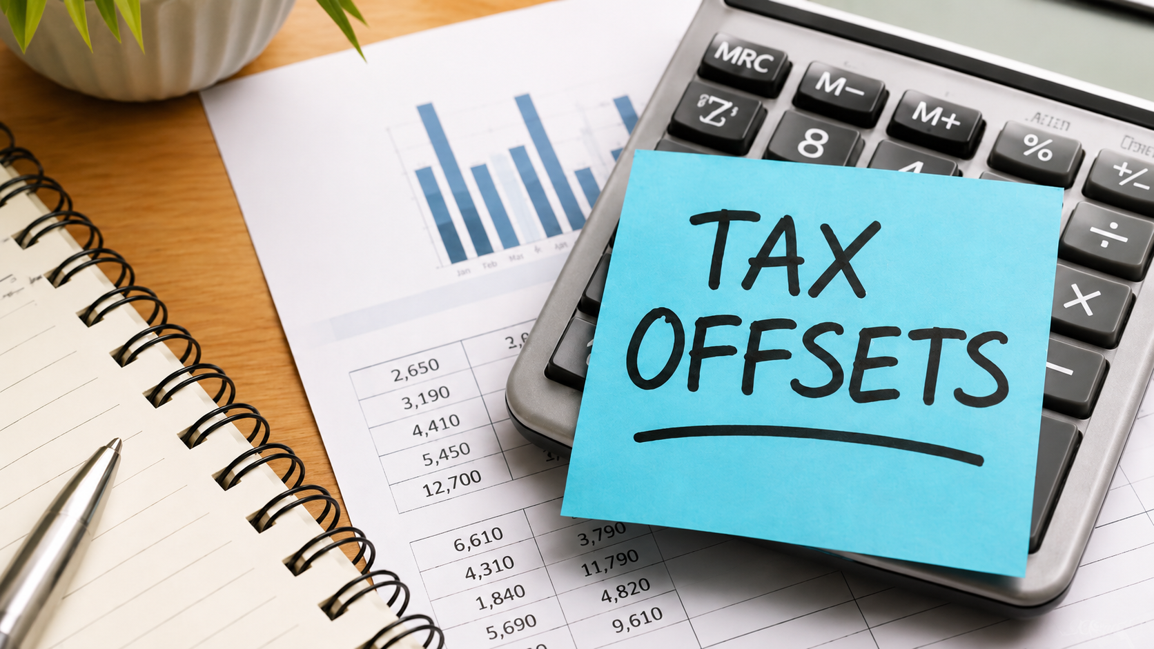 Calculator and financial documents representing Australian tax offsets Calculator and financial documents representing Australian tax offsets