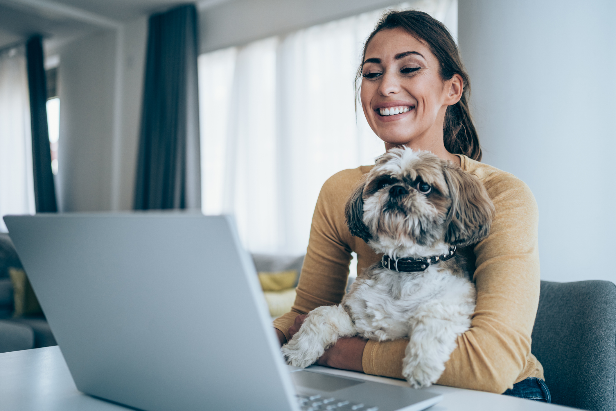Woman working from home on a laptop with her dog, representing eligible work from home expense claims and tax deductions Woman working from home on a laptop with her dog, representing eligible work from home expense claims and tax deductions